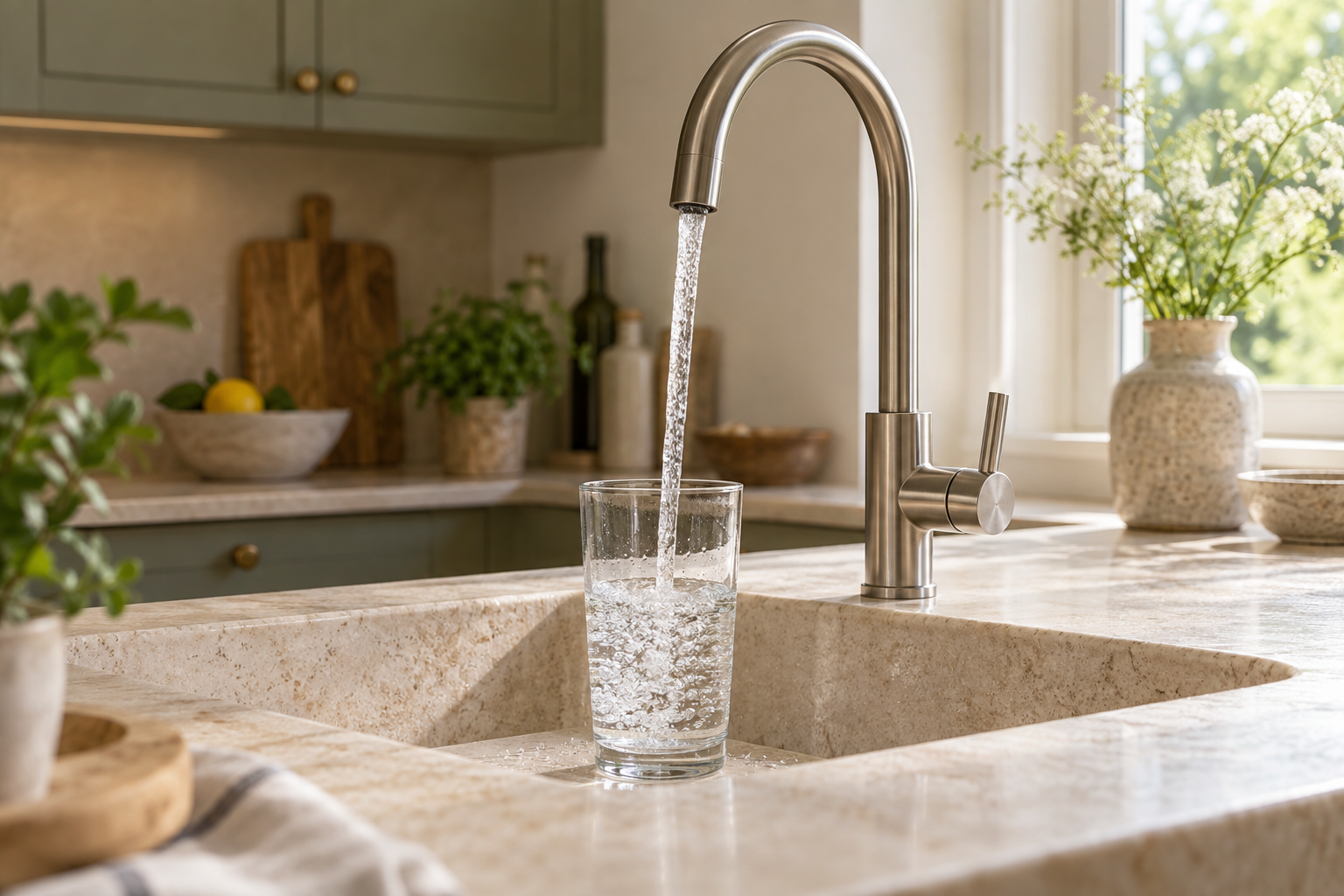 Un verre d’eau rempli au robinet dans une cuisine lumineuse